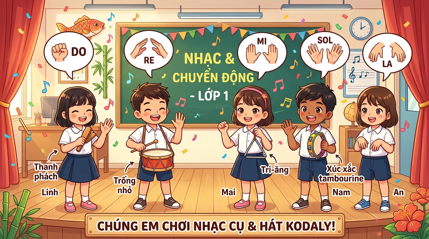 Học sinh thực hành 5 thế tay Kodály (Đô: nắm đấm, Rê: mái nhà, Mi: phẳng, Son: vách đứng, La: khum rủ) cùng các nhạc cụ gõ.