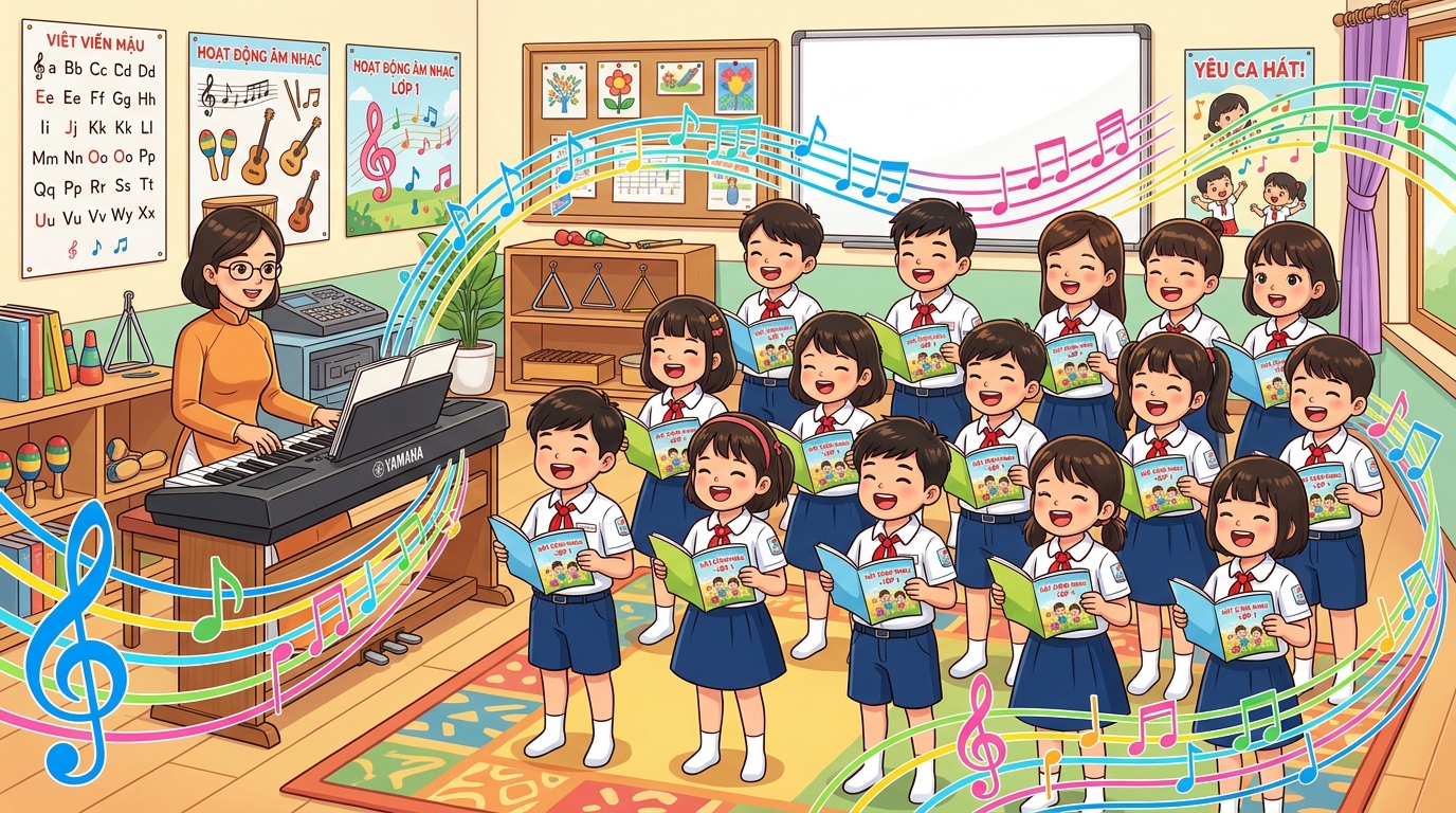 Các bạn học sinh lớp 1 vui tươi hòa giọng hát bài ca thiếu nhi cùng cô giáo dạy nhạc.
