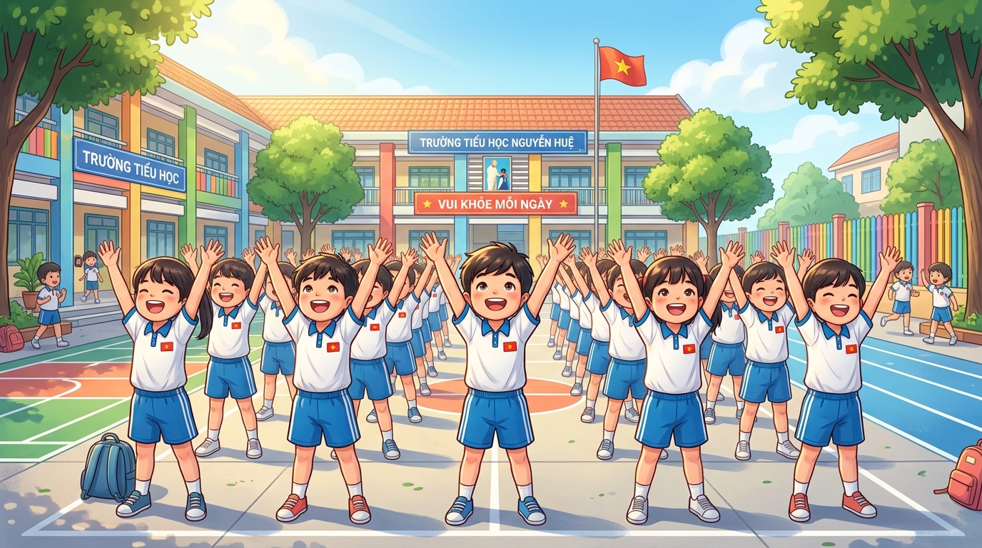 Học sinh lớp 1 tập đều đặn 7 động tác thể dục buổi sáng dưới ánh nắng sớm tinh khôi.