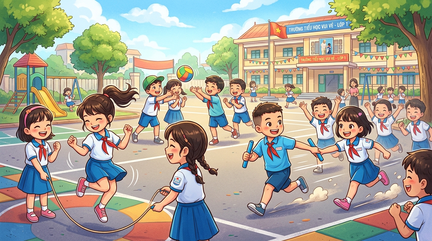 Học sinh lớp 1 hăng hái tham gia chạy tiếp sức, nhảy dây và chuyền bóng tập thể.