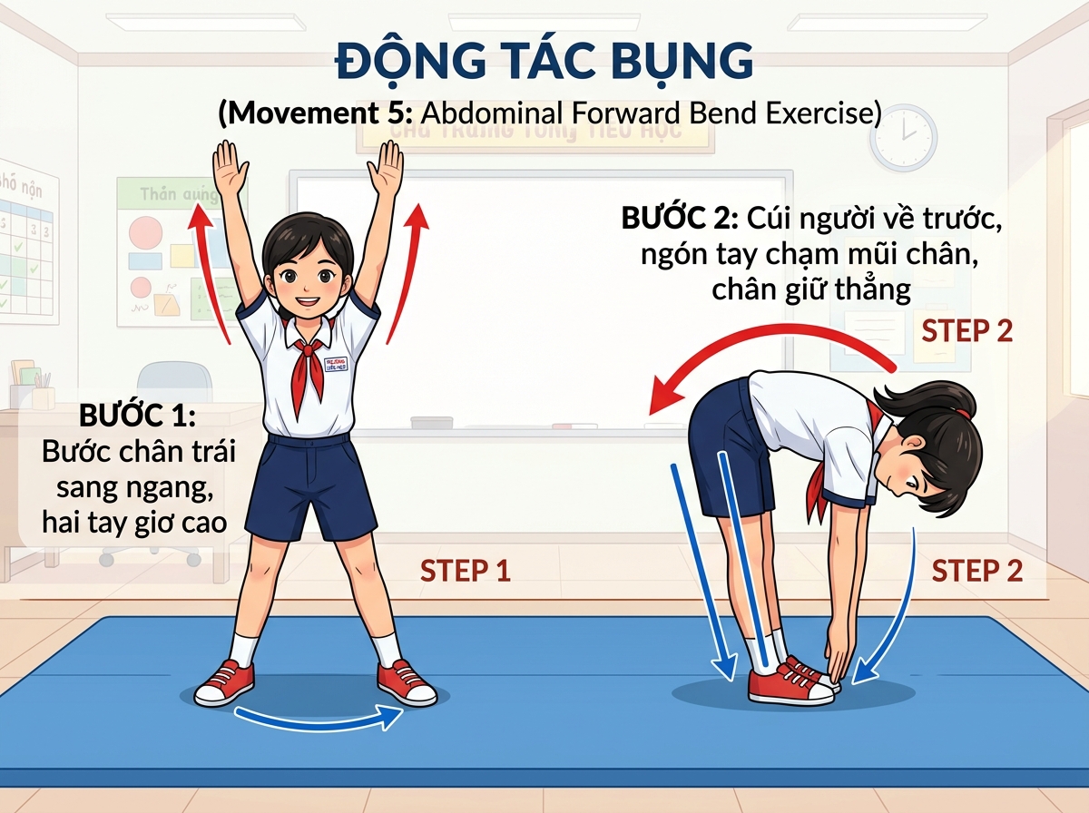 Bước 1: Chân trái bước sang ngang, hai tay giơ cao; Bước 2: Cúi gập người về trước, ngón tay chạm mũi chân, chân thẳng.