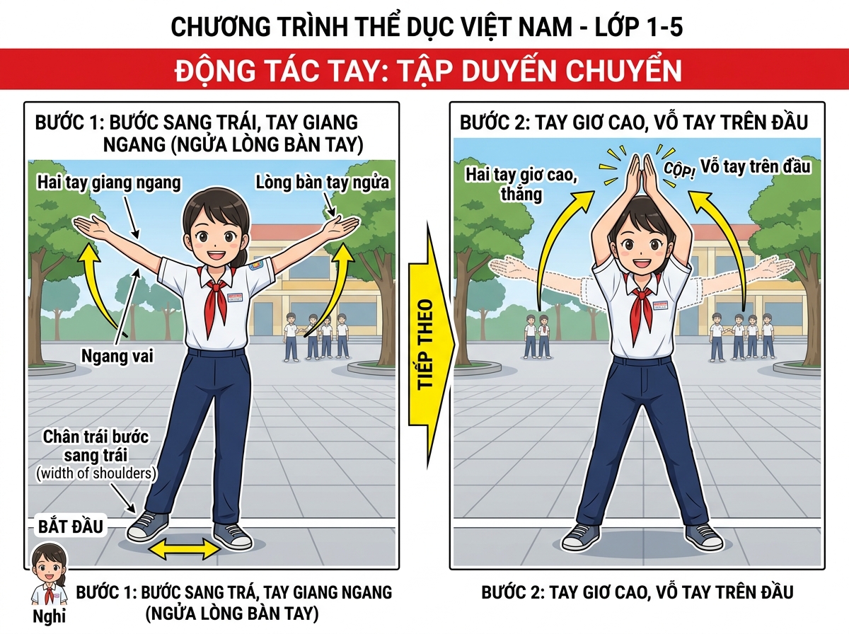 Bước 1: Chân trái bước sang ngang, hai tay dang ngang ngửa lòng bàn tay; Bước 2: Hai tay giơ cao vỗ tay trên đầu.