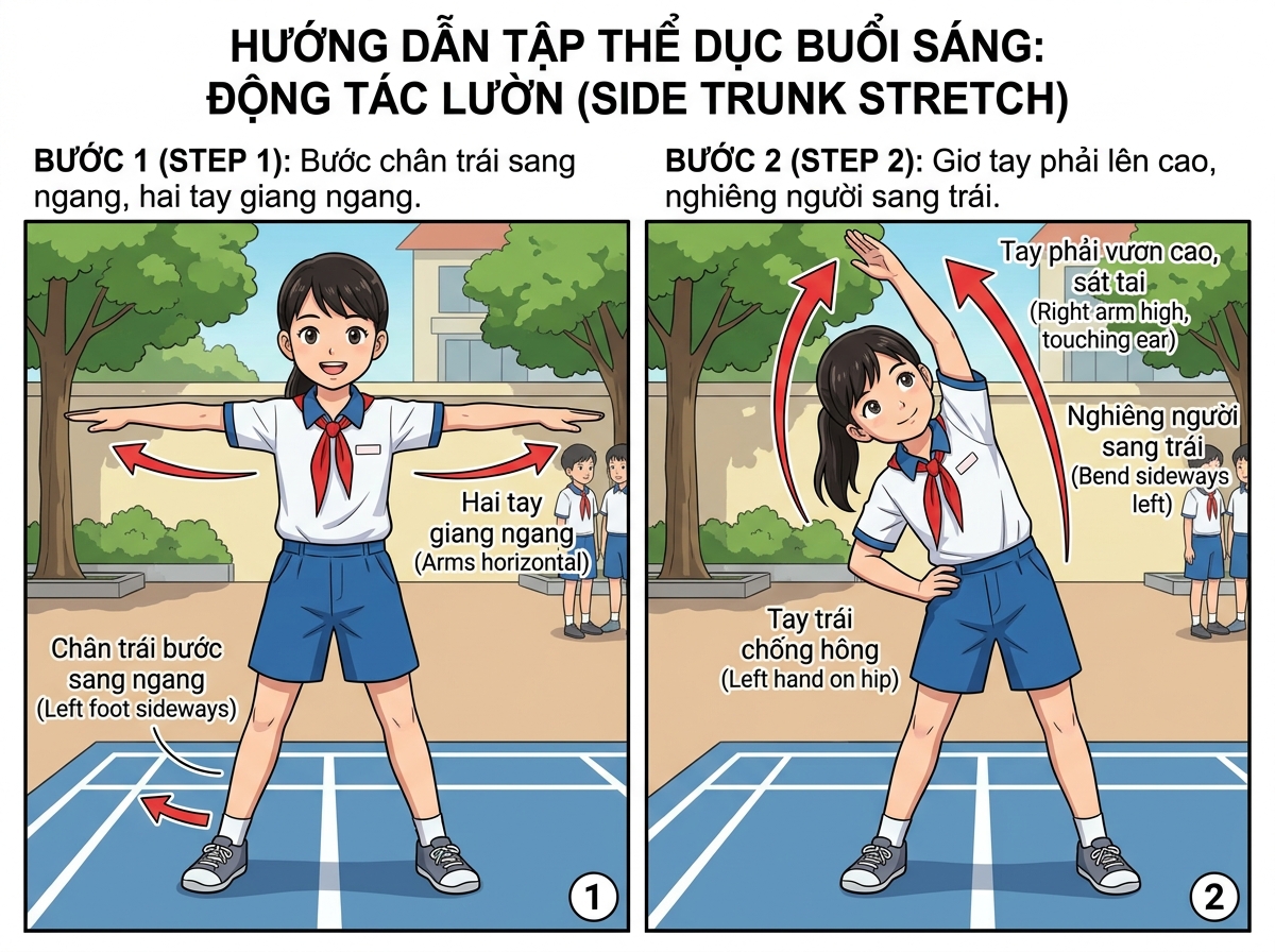 Bước 1: Chân trái bước sang ngang, hai tay dang ngang; Bước 2: Tay phải giơ cao sát tai, nghiêng người sâu sang trái.